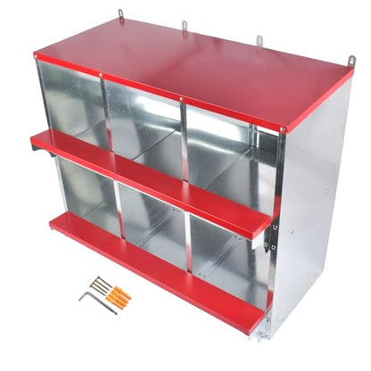 Chicken Nesting Boxes - 6-Compartment Metal Wall-Mounted Poultry Nest Box for Chickens, Hens, and Ducks - Easy Egg Collection - Large Vented Holes - Chicken Coop Equipment