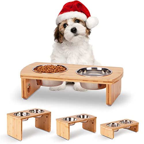 Elevated Dog Bowls, Bamboo Raised Dog Bowl for Small Dogs & Cats, with 2 Stainless Steel Bowls (4'' Tall-20oz Bowl) - color: Natural, size: Small: 4'' Tall-20 oz Bowl