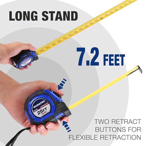 WORKPRO 25FT Auto-Lock Tape Measure, 1/8 Fractions Easy Read Measuring Tape, Double Retract Measurement Tape Accuracy 1/32 for Engineer,with Magnetic Hook, Rubber Protective Casing - color: Blue