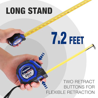 WORKPRO 25FT Auto-Lock Tape Measure, 1/8 Fractions Easy Read Measuring Tape, Double Retract Measurement Tape Accuracy 1/32 for Engineer,with Magnetic Hook, Rubber Protective Casing - color: Blue