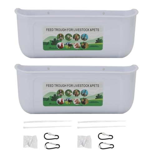 Qinlorgo 2 Pack Chicken Feeder, 5.5 Quart Hanging Fence Feed Trough, Clips with Livestock Waterer, Ideal for Goats, Ducks, Sheep, Piglets, Deer & Poultry (White) - color: White