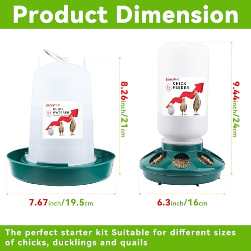 2-in-1 Chick Starter Set: 0.3 Gal Feeder & 0.4 Gal Waterer with Adjustable Legs for Baby Chicks, Hanging Hooks, Anti-Drown Design - BPA-Free Plastic (Green) - color: Green