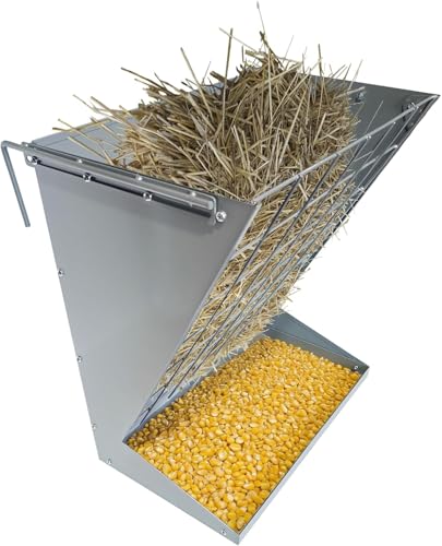 Wall Mount Hay Feeder for Goats, 18.5 Gallon Livestock Feeder with 2.5 Gallon Feed Tray, 2 in 1 Hay and Grain Rack, Heavy-Duty Galvanized Steel Goat Feeders for Sheep, Horses Hanging Indoor/Outdoor - color: Silver