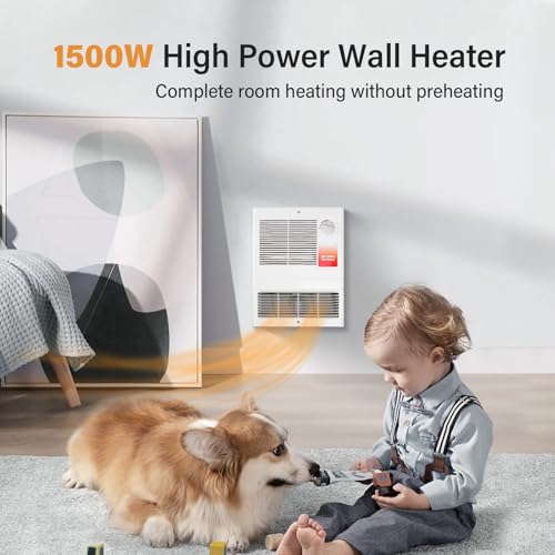 9815WH Large Capacity Electric Wall Heater with Built-in Adjustable Thermostat and Silent Motor, Overheat Protection, 1500 Watts, 120/240 Volts, White