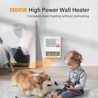 9815WH Large Capacity Electric Wall Heater with Built-in Adjustable Thermostat and Silent Motor, Overheat Protection, 1500 Watts, 120/240 Volts, White