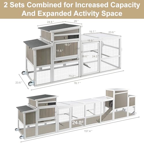 Ketive Wooden Chicken Coop Cage Outdoor Indoor Hen House with Nesting Box, Waterproof Roof, Removable Tray for Poultry Pets Enclosure Garden Backyard Grey (Grey, 157.4" L x 23.6" W x 38.6" H) - color: Grey