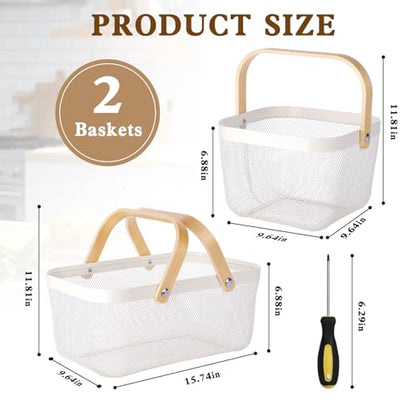 2 Pack Garden Harvest Basket, Metal Mesh Wire Picnic Basket with Handle, Rectangle Garden Baskets for Gathering Vegetables, Fruits, Kitchen, Home Cabinet Closet and Office (White) - color: White