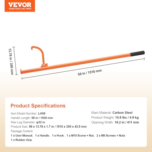VEVOR 59'' Felled Cant Hook Logging Tool, Adjustable Heavy Duty Steel Log Roller, Log Lifter Timber Jack with Rubber Grip, Forestry Logging Tools for Lifting and Handling Logs up to 32" Dia - size: Cant Hook 59''