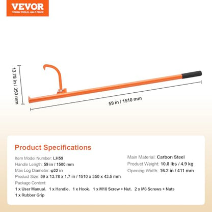 VEVOR 59'' Felled Cant Hook Logging Tool, Adjustable Heavy Duty Steel Log Roller, Log Lifter Timber Jack with Rubber Grip, Forestry Logging Tools for Lifting and Handling Logs up to 32" Dia - size: Cant Hook 59''