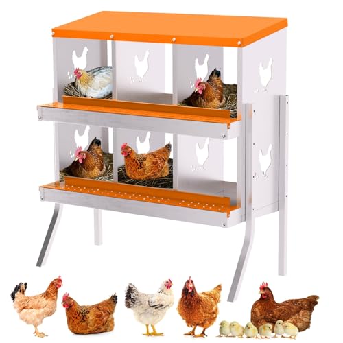 6 Compartment Chicken Nesting Box, Galvanized Steel Metal Laying Box with Removable Tray Roll-Out Egg Collection, Wall Mount Hen Roosting Box, Easy Egg Collection - color: Orange, size: 6 holes with legs