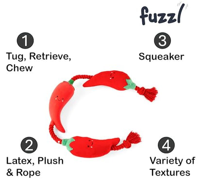 Fuzzl Tugga Chilis Dog Toy 75cm - Rope Latex and Plush Dog and Puppy Throw Fetch and Tug with Squeaker - style: Rope Chilis