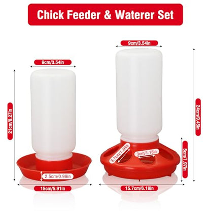 Chick Feeder and Waterer Set No Waste Automatic 1L Chicken Feeder and Waterer for Baby Chicks, Ducks, and Quail – Brooder Starter Kit (Red) - color: Red and White