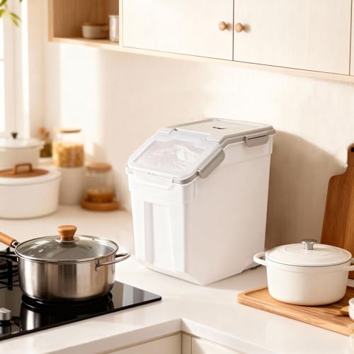 RUIAN 2Pcs Large Flour Storage Container Bin 50Lb Airtight Rice Storage Containers with Wheels Seal Locking Lid, BPA Free with Measuring Cup&Scoop for Flour, Rice, Grain 100LBS Total (Grey) - color: Gray 2Pack 50Lb