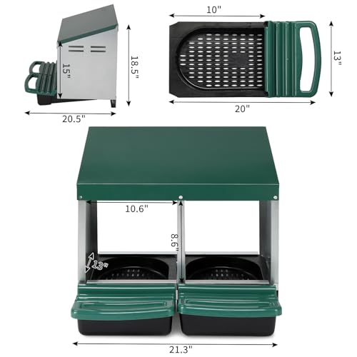 2 Compartment Roll Out Chicken Nesting Box, Metal Poultry Hen Laying Box with Sloped Plastic Trays and Perch, Easy Egg Collection Nest Box for Chicken Coop, Green & Silver