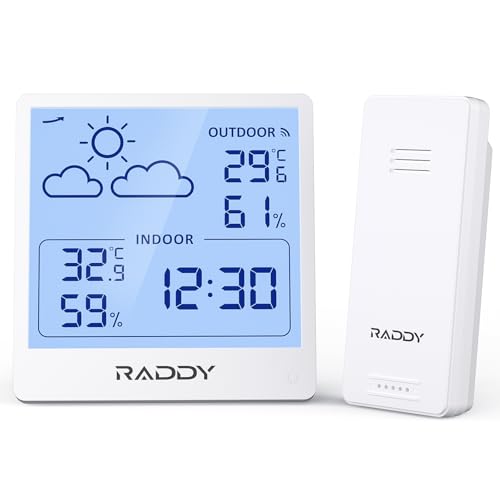 Raddy WF-50T Indoor Outdoor Thermometer Hygrometer Wireless Weather Station, Battery Powered Temperature & Humidity Monitor with 5.0’’ Display, Weather Forecast, Wireless Remote Sensor (White) - color: White