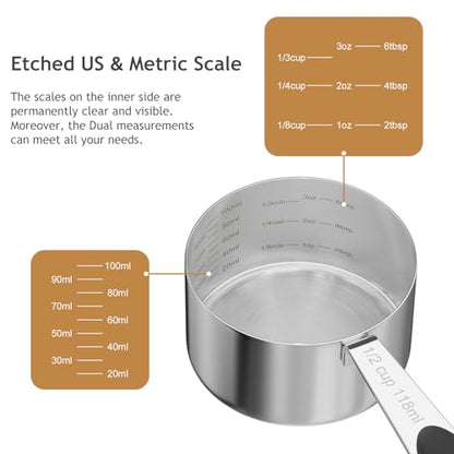 LEIFENY 1PCS 1/2CUP(118ml) Dog Cat Food Scoop, Stainless Steel Measuring Cup, Metal Pet Scooper with Inner Precision Scale Measurement - size: 1/2 cup