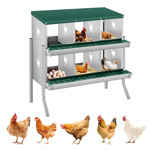 6-Compartment Chicken Nesting Box, Heavy Duty Galvanized Steel Poultry Nest Box, Wall Mount/Freestanding Design for Hens, Ducks, Backyard Homesteads & Farm Use, Dark Green, 10 Mats &4 Eggs, With Stand - color: Dark Green, size: 6 Room&Mat eggs