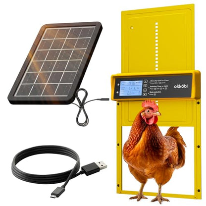 Okkobi Automatic Chicken Coop Door Solar Powered - LCD Display - Chicken Coop Door with Remote Control, Light Sensor & Timer - Security & Peace of Mind: Anti-Pinch Function - 5-Year Protection - color: Yellow