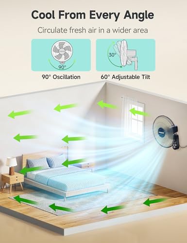VAGKRI 16 Inch Wall Mount Fan, Quiet Oscillating Fan with Remote, 5 Speeds, 8-Hour Timer, 90° Oscillation, Ideal for Home, Office, Bedroom, Garage, Black