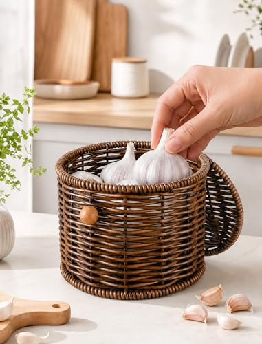 NiHome Garlic Keeper, Handwoven PP Rattan-Style Container with Ventilated Design for Countertop Kitchen or Pantry Use, Dark Brown
