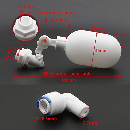 2 pcs Water Filter Float Ball Valve with 1/4 inch Quick Connect Push in to Connect Tube Fittings, Adjustable Plastic Float Valve for Aquarium Water Purifiers Reverse Osmosis System (White)