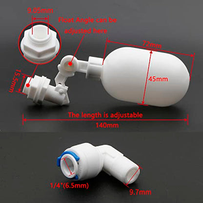 2 pcs Water Filter Float Ball Valve with 1/4 inch Quick Connect Push in to Connect Tube Fittings, Adjustable Plastic Float Valve for Aquarium Water Purifiers Reverse Osmosis System (White)