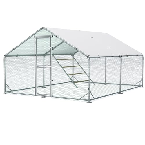 Large Metal Chicken Coop, 10x13x6.5ft Walk in Chicken Runs for Yard with Covers, Outdoor Chicken Pen with Roosting Perch and Split Door, Spire Roof Poultry Cage for Chicken, Duck