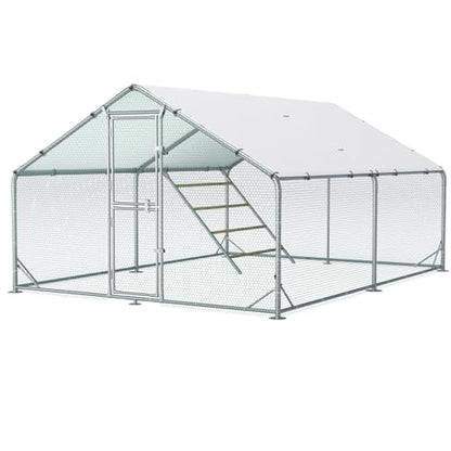 Large Metal Chicken Coop, 10x13x6.5ft Walk in Chicken Runs for Yard with Covers, Outdoor Chicken Pen with Roosting Perch and Split Door, Spire Roof Poultry Cage for Chicken, Duck
