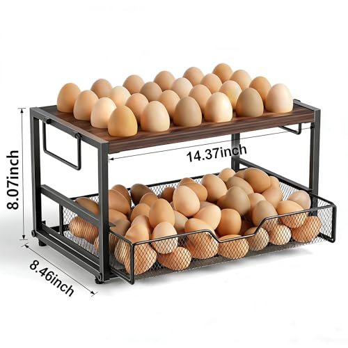 2-Tier Wooden Egg Holder Countertop with Basket – Holds 24+60 Chicken, Duck & Quail Eggs, Easter Eggs – Compact Countertop Holder with Carry Handle for Easy Transport - size: 2 Tiers