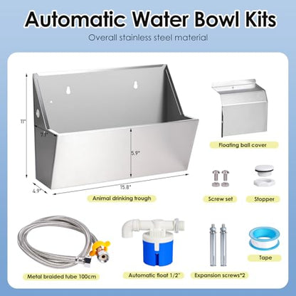 Automatic Water Dispenser for Large Dogs, 2.1 Gallon Stainless Steel Auto Water Bowl Self Filling, Waterer Feeder for Outdoor Animals Drinking, Chicken Livestock (Drainage Hole)