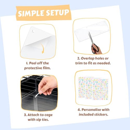 12 Pcs Cage Guard 13.8"x4.7" with Zip Ties & Personalized Letter Stickers, Scatter Guard Clear Cage Liner Flexible Side Lining for Rabbit Guinea Pig C&C Metal Wire Playpen - size: 13.8" x 4.7" (12 PCS, 8 Holes)