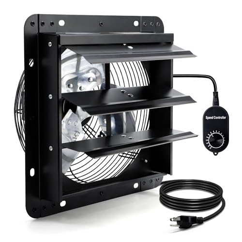 12 Inch Shutter Exhaust Fan for Greenhouse, Shed, Garage, Barn, Chicken Coop Ventilation, Wall Mount Attic Fan with Speed Controller and Power Cord, 970 CFM, Black - color: with Power Cord & Speed Controller, size: 12 Inch