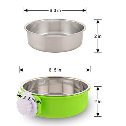 Crate Dog Bowl Removable Stainless Steel Water Food Feeder Bowls Cage Coop Cup for Cat Puppy Bird Pets (Large, Green)
