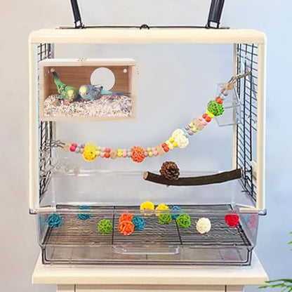Rypet Parakeet Nesting Box Transparent Design, Thwartwise Bird Nest Breeding Box with Perch Wood Bird Cage House for Cockatiel Lovebirds Budgie Finch Parrotlets Canary XL - size: X-Large