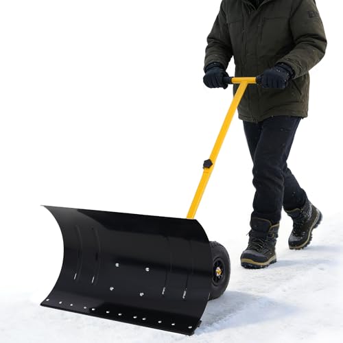 29" Push Snow Shovel with Wheels for Driveway, Heavy Duty Adjustable Angle Wheeled Snow Pusher Shovel, Metal Rolling Snow Pusher, Snow Plow Shovel on Wheels for Snow Removable - color: Dark Yellow, size: 29" x 16.5"