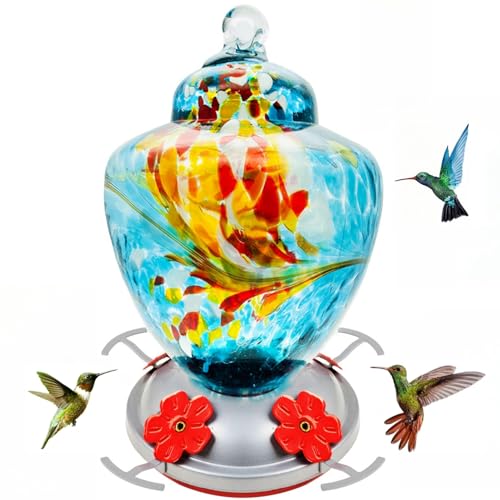REZIPO Hummingbird Feeder with Perch - Hand Blown Glass - Blue - 38 Fluid Ounces Hummingbird Nectar Capacity Include Hanging Wires and Moat Hook - color: Blue