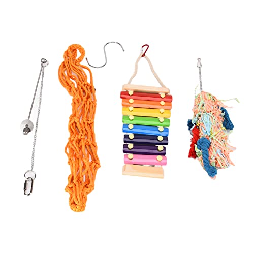 Chicken Toys 4 Pack | Xylophone & Hanging Feeder for Parrots/Ducks/Macaws | Colorful Chewing Toys & Net Bag with S Hooks | Alleviate Boredom in Coops