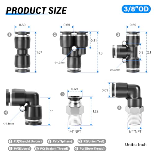 TAILONZ PNEUMATIC 3/8"OD x 1/4"NPT Push to Connect Fittings Pneumatic Fittings Kit 6 Spliters+6 Elbows+6 tee+6 Straight +6 Straight Thread Connector+6 Elbow Thread Connector (36 pcs) - size: 3/8"OD x 1/4"NPT