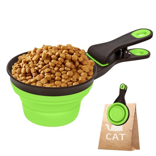 Collapsible Silicone Dog Food Scoop Foldable Pet Food Measuring Cup with Bag Clip 3 in 1 Multi-Function Silicone Dog Food Scooper (Green, Large) - color: Green, size: Large