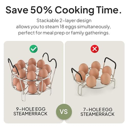 Stackable Egg Steamer Rack Holds 18 Eggs with Handles, Stainless Steel Instant Pot Trivet Fits 6qt/8qt Pressure Cooker, 2-in-1 with Skewers for Grilling