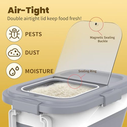 HOYTAMDA 25-35Lbs Rice Container,Collapsible Airtight Food Storage Containers with Wheels,Handle,Rice Storage Container with Small Bin and Scoop,Rice Dispenser for Flour Sugar Cereal Grain Dog Cat - color: Grey/25-35lbs