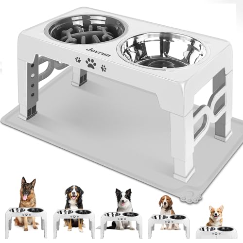 Jovrun Elevated Dog Bowls for Medium Large Dogs with Mat, Non-Slip Dog Feeder with 1*Stainless Steel Dishes & 1*Slow Feeder Bowl, 5 Heights Adjustable Raised Bowls for 3.15″-8.66″-9.84″-11.02″-12.2″ - color: White, size: for Medium Large Dogs 1 Basic&1Slo