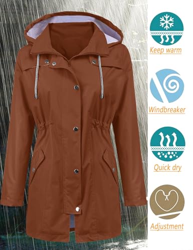 LOMON Raincoat Women Waterproof Long Hooded Trench Coats Lined Windbreaker Travel Jacket S-XXL - color: Caramel Brown, size: XX-Large