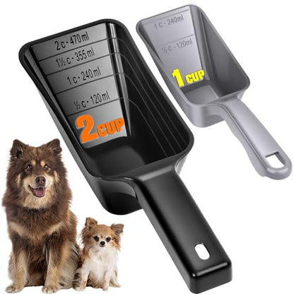 2-Pack Dog Food Scoop Set,1 Cup and 2 Cup Plastic Pet Food Measuring Scoops with Clear Measurement Lines,Multi-Purpose Pet Food Scooper for Dogs, Cats (Grey and Black) - color: Grey and Black
