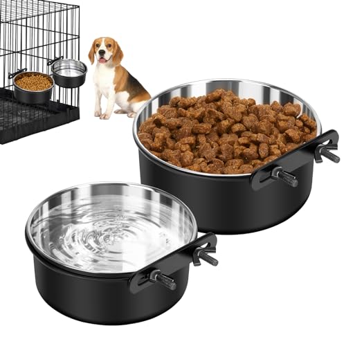 Dog Crate Water Bowl No Spill, 2 Pack Dog Crate Bowls Hanging, Kennel Water Food Bowls Mountable, Pet Cage Accessories Feeder Dish, Stainless Steel Coop Cup for Cat Puppy Bunny Guinea Pig Ferret Bird - color: Black, size: M(6.3*2.6'' & 5.5*2.4'')