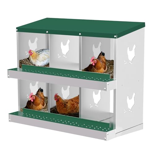 Chicken Nesting Box, 6 Compartment Chicken Nesting Box, Metal Chicken Laying Boxes with Perch, Metal Roll Away Eggs Laying Boxes, Versatile Wall Mount or Free Standing for Chickens - color: green, size: 6 holes