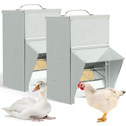 Uiifan 2 Pcs 50 lb Galvanized Chicken Feeder Weatherproof Poultry Metal Food Dispenser with Lid Chicken Duck Food Dispenser Rat Proof Feeder for Poultry Geese Quails Bantams Ducks and Turkey - size: 50 lb