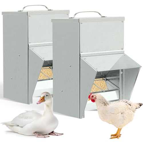 Uiifan 2 Pcs 50 lb Galvanized Chicken Feeder Weatherproof Poultry Metal Food Dispenser with Lid Chicken Duck Food Dispenser Rat Proof Feeder for Poultry Geese Quails Bantams Ducks and Turkey - size: 50 lb