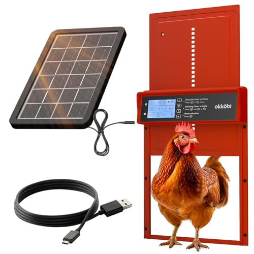 Okkobi Automatic Chicken Coop Door Solar Powered - LCD Display - Chicken Coop Door with Remote Control, Light Sensor & Timer - Security & Peace of Mind: Anti-Pinch Function - 5-Year Protection - Red - color: Red