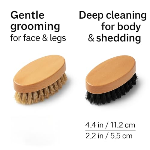 Goat Brushes for Grooming 2 Pack, Wooden Livestock Brush Set for Goats, Sheep, Calves, Horses, Dogs and Pigs, Soft Boar Bristle and Firm Nylon Body Brushes for Shedding, Face and Leg Care